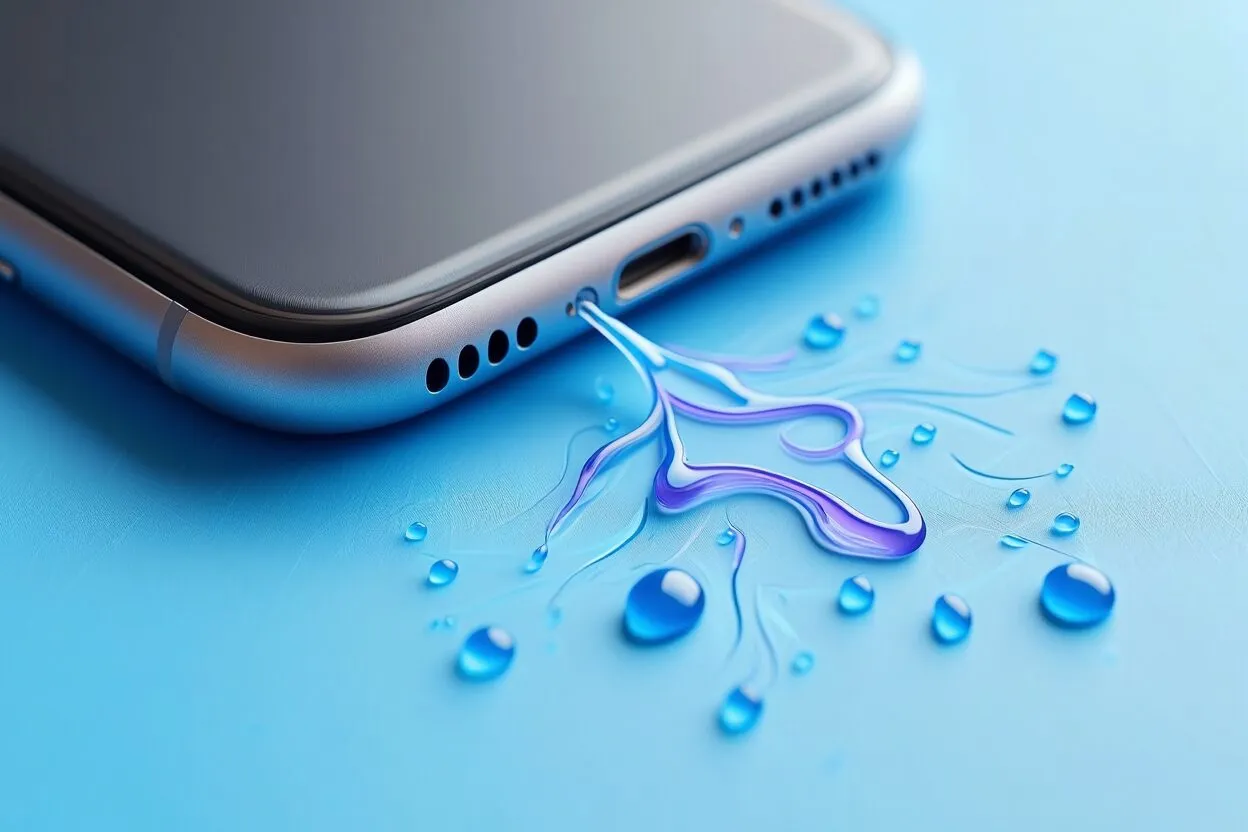 A close-up of a phone's charging port with water droplets scattered across the surface beside it