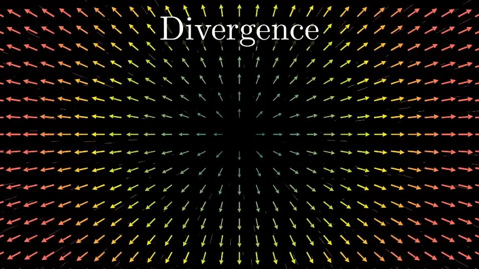 A vector field titled 'Divergence', arrows pointing outward from a central point and reddening as they move away
