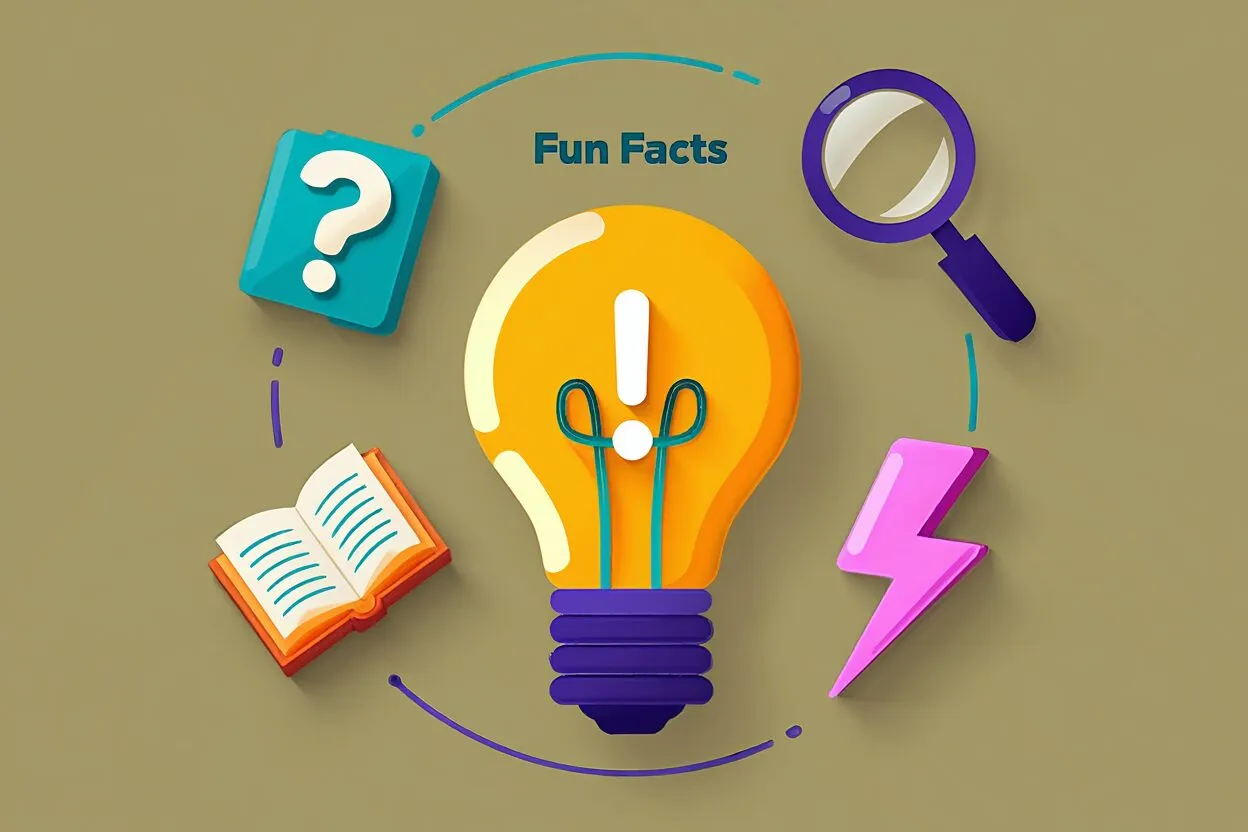 A flat illustration captioned 'Fun Facts', a lightbulb surrounded by a book, magnifying glass, question mark and lightning bolt