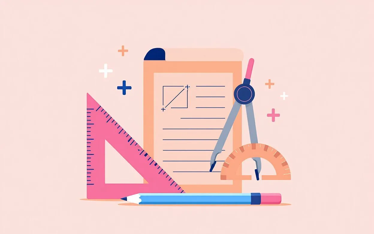 A flat illustration of drawing instruments (set square, compass, protractor and pencil) beside a clipboard of notes