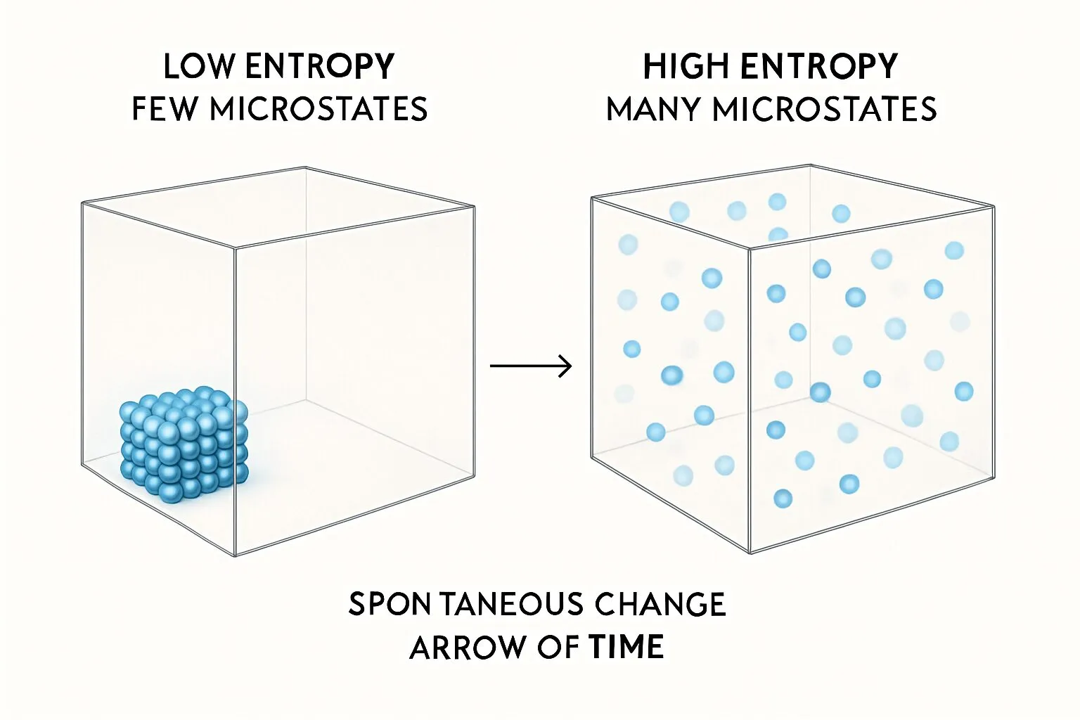 A diagram contrasting low entropy, where particles are packed into one corner of a box, with high entropy, where the same particles fill it evenly