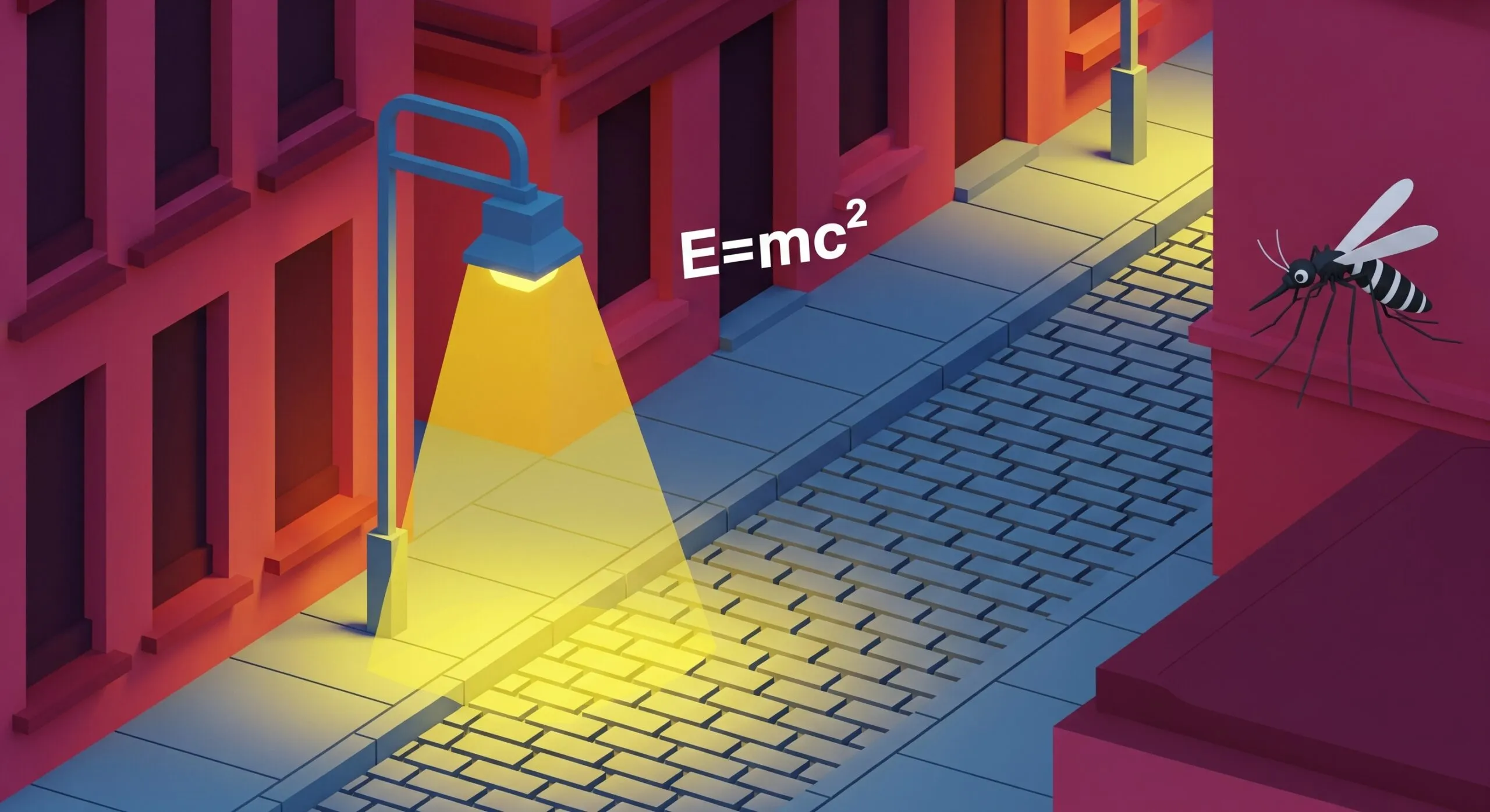 An isometric illustration of a lit street lamp on a cobbled street, E=mc squared floating beside it and an oversized mosquito on a wall
