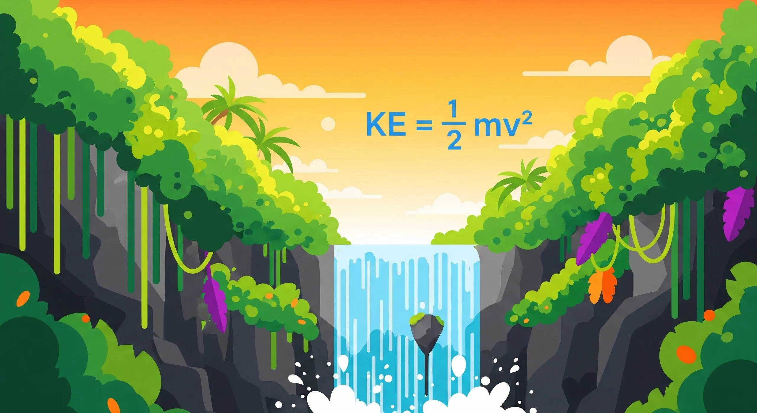 A flat illustration of a waterfall in a jungle gorge with the kinetic energy equation KE = 1/2mv squared written across the sky