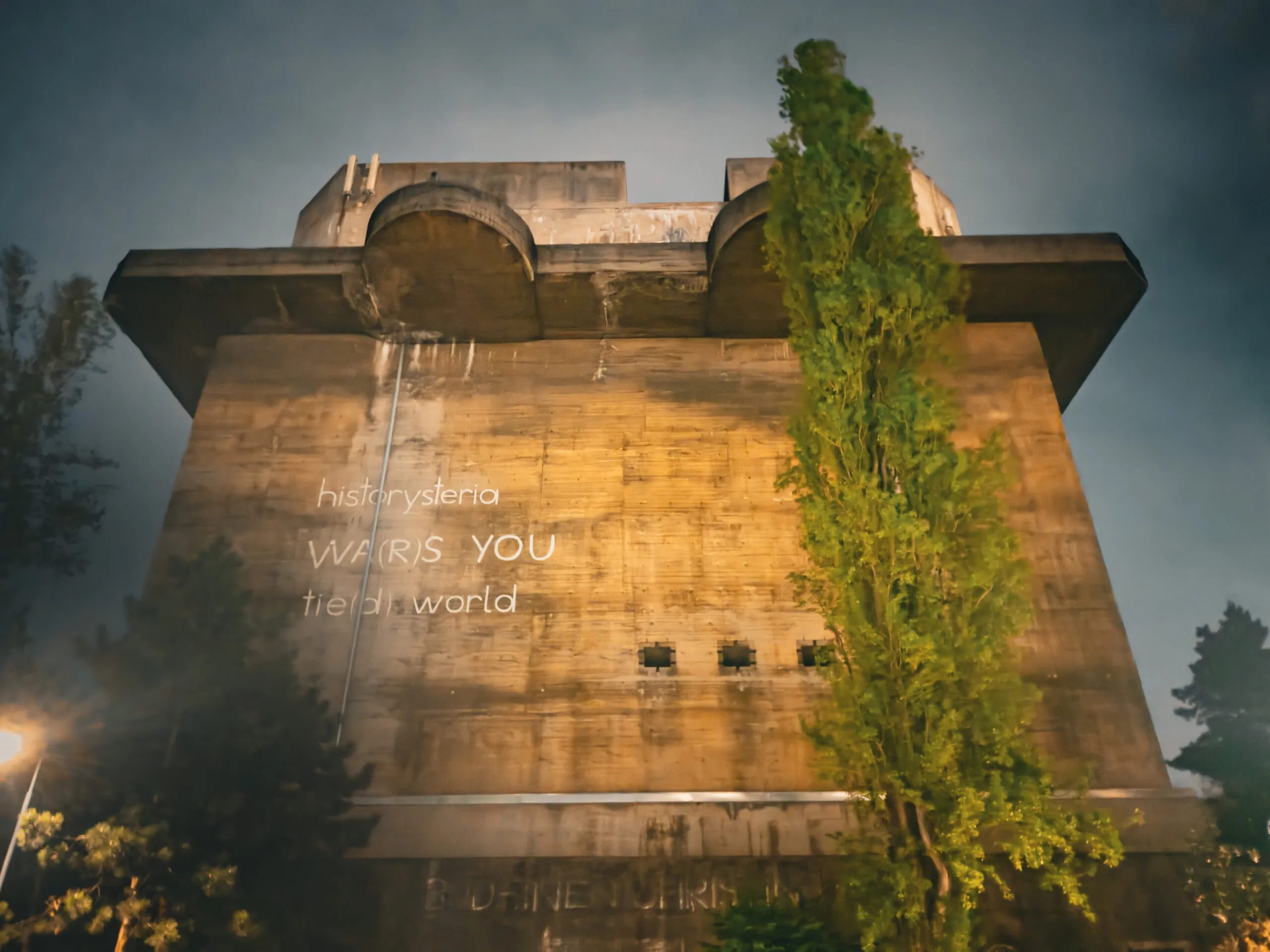 A Second World War flak tower at dusk, its concrete flank lit gold and carrying the projected words 'WAR IS YOU'