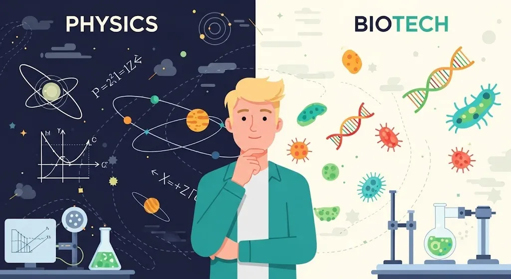 A flat illustration split between 'Physics' on a dark side with orbits and equations and 'Biotech' on a light side with DNA helices and cells, a figure standing thoughtfully between them