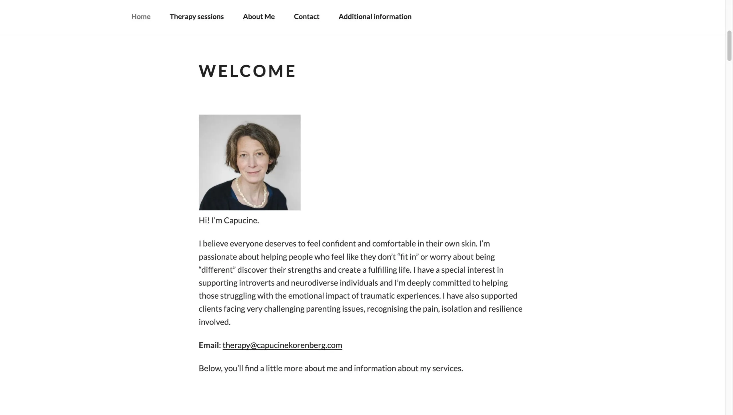 A screenshot of the therapy practice website's welcome page, with a portrait and introductory text