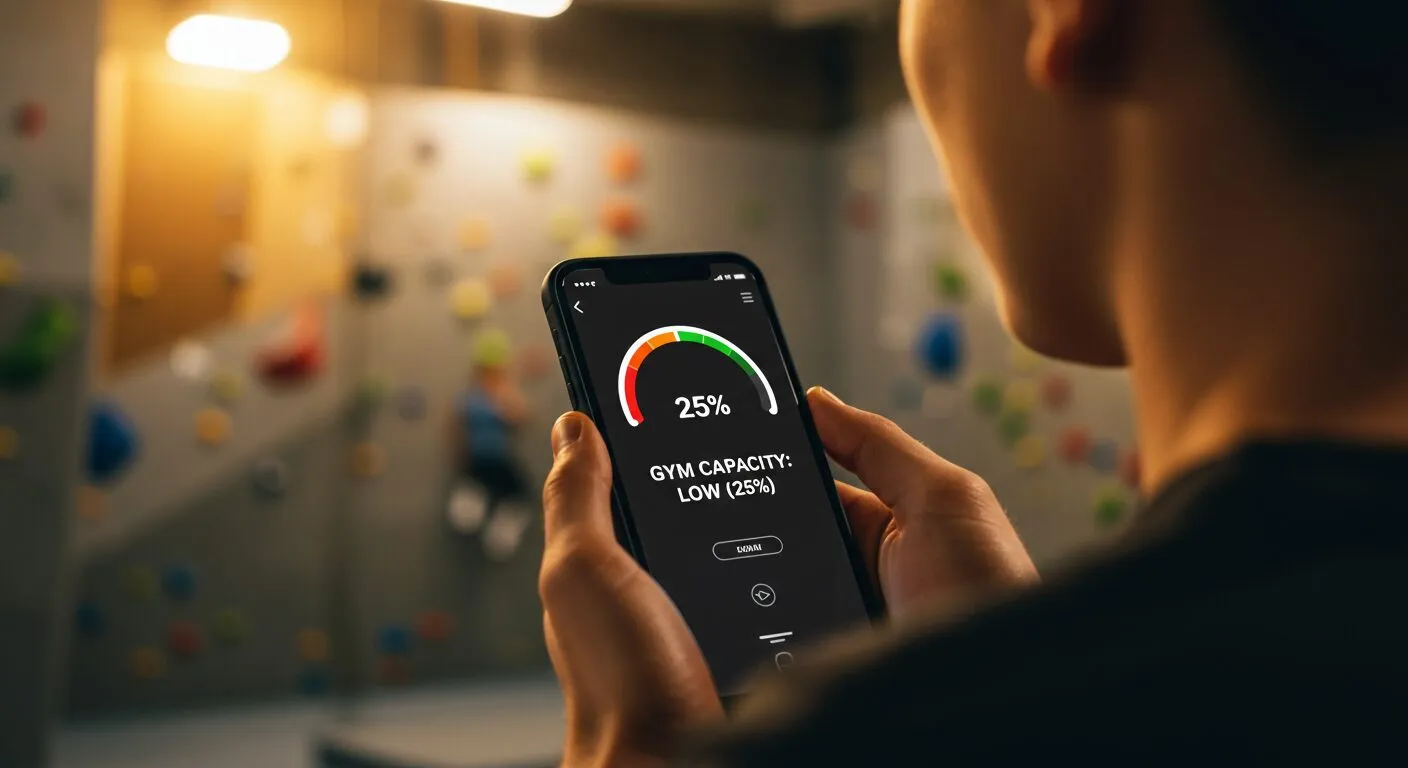 Someone in a climbing gym holding a phone that shows a gauge reading 'Gym capacity: low (25%)'