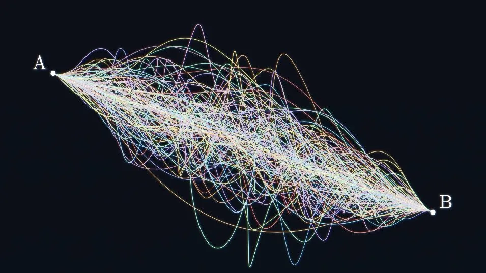 Hundreds of coloured paths drawn between two points A and B, illustrating a sum over all possible histories