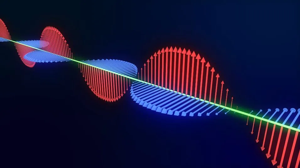 A 3D rendering of an electromagnetic wave, red and blue arrow fields oscillating perpendicular to each other along a green axis