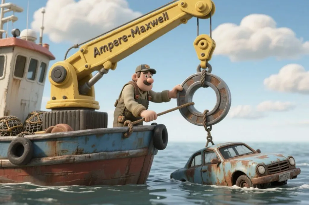 A claymation scene of a fisherman on a boat, his crane arm labelled 'Ampere-Maxwell', lifting a ring from the sea beside a submerged car