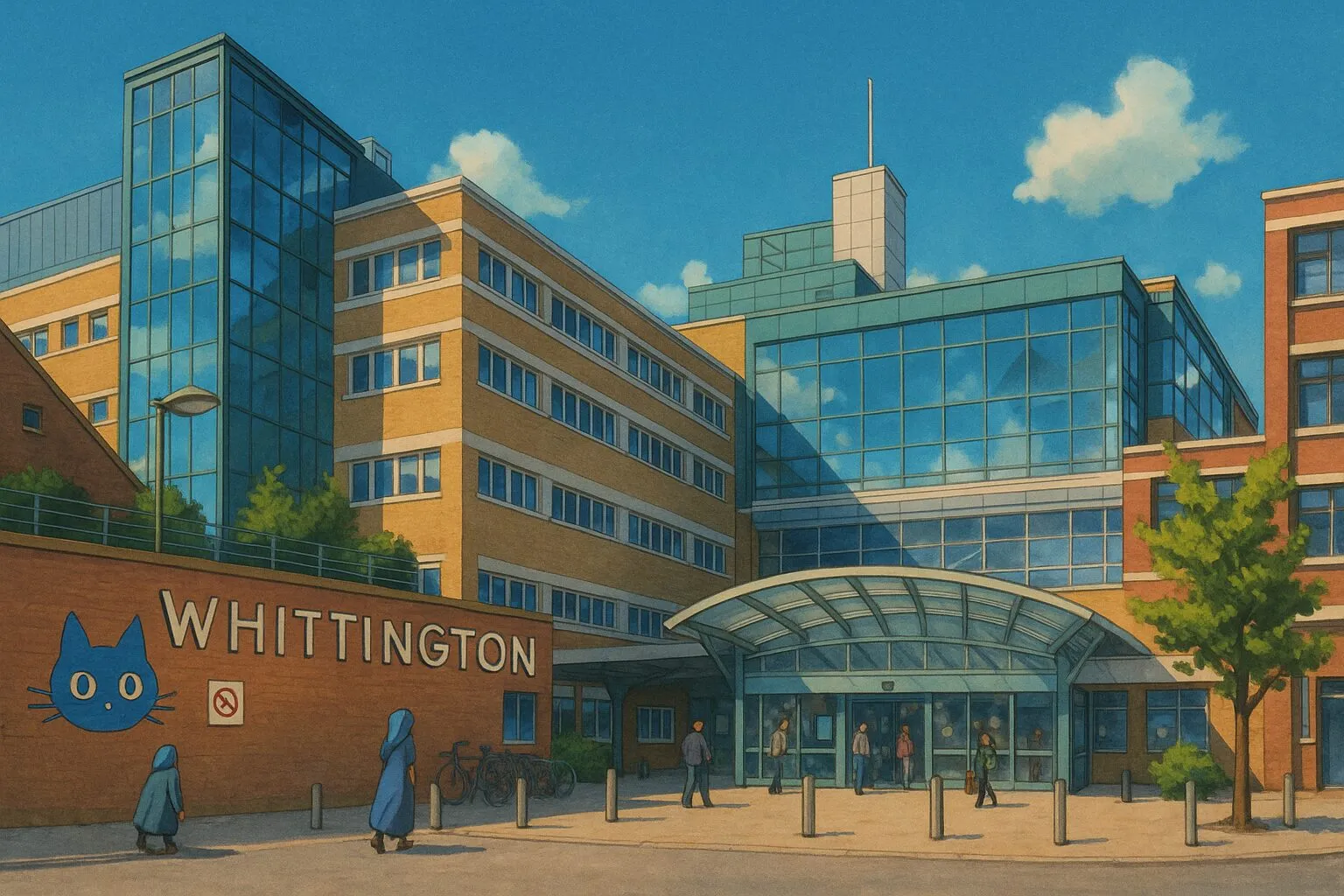 An illustrated view of the Whittington Hospital entrance, its name and cat logo on the brick wall beside the glazed doors