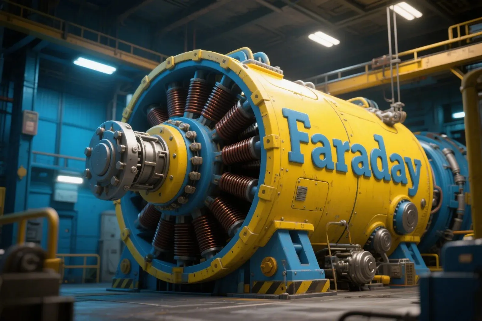 A stylised industrial machine painted yellow and blue with 'Faraday' lettered along its casing, copper coils visible at one end