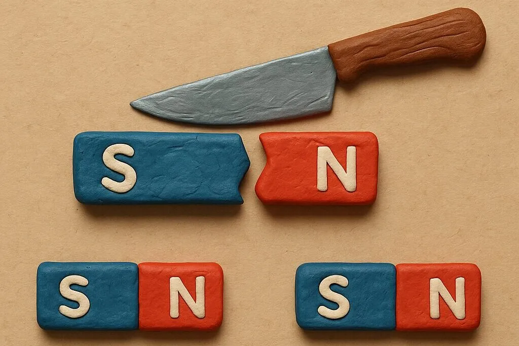 A claymation illustration: a knife cutting a bar magnet in two, and below it the two halves each with their own north and south poles