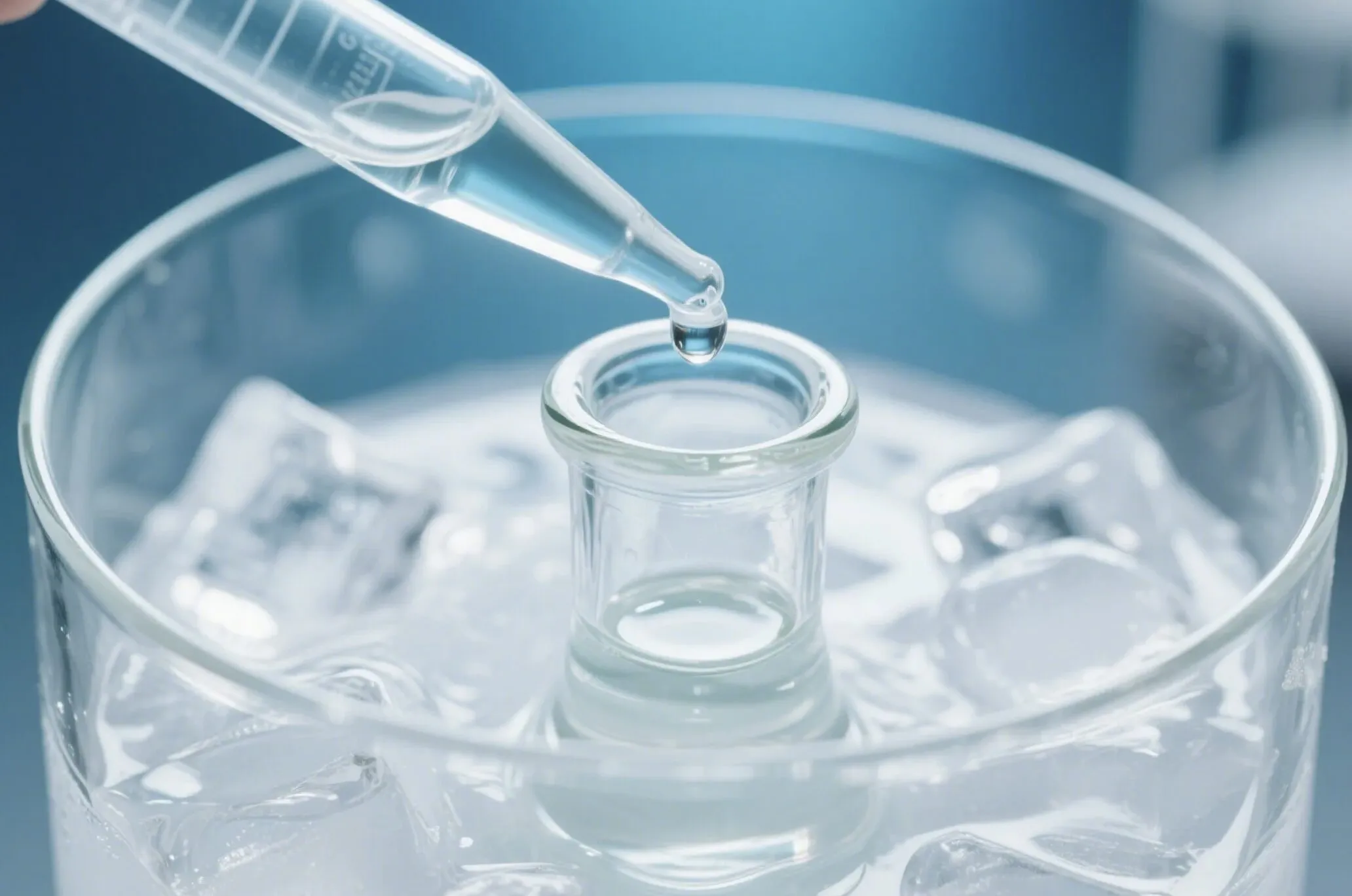 An illustration of a pipette adding liquid dropwise to a small vessel standing in an ice bath