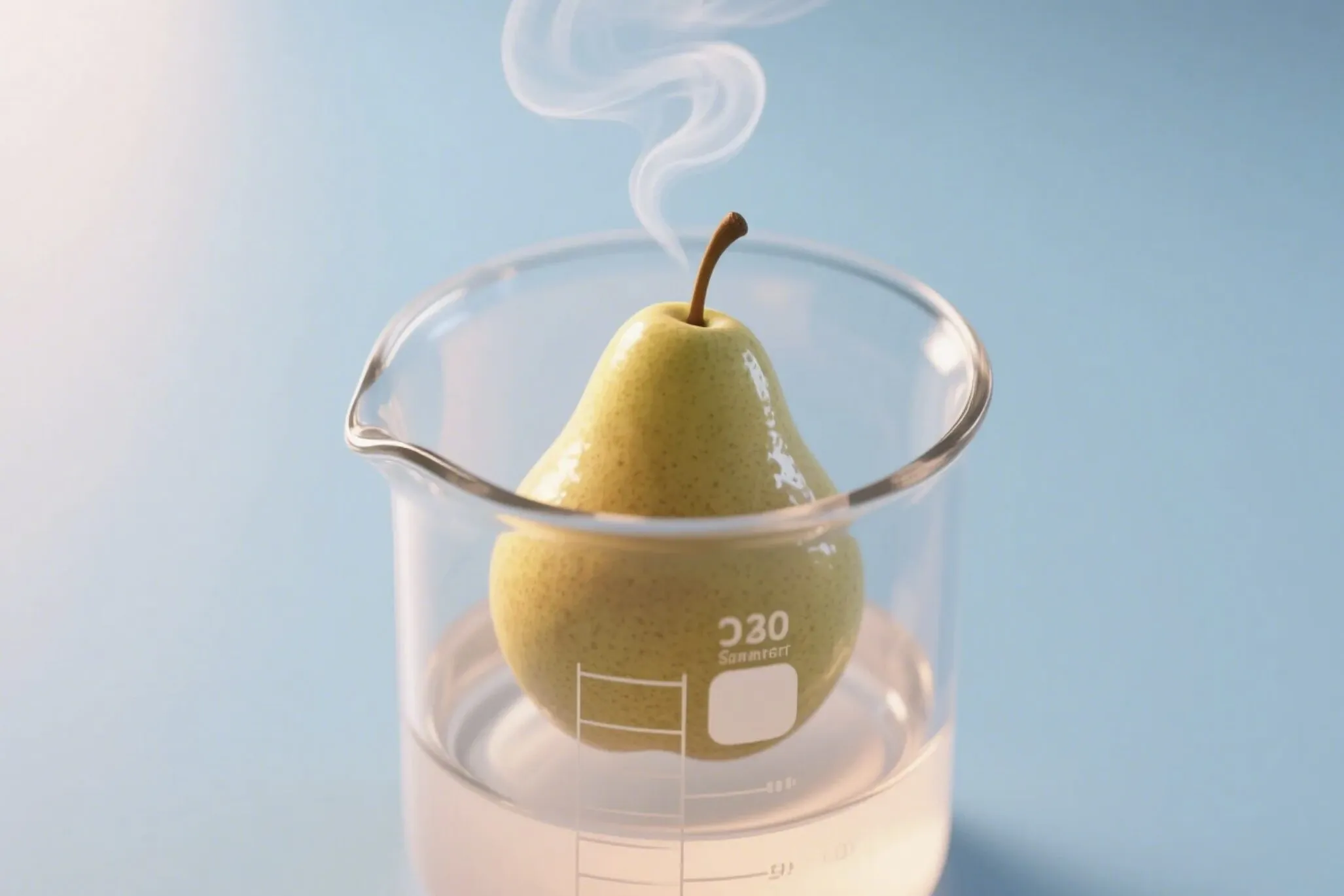 An illustration of a pear sitting in a beaker, a wisp of vapour rising from it