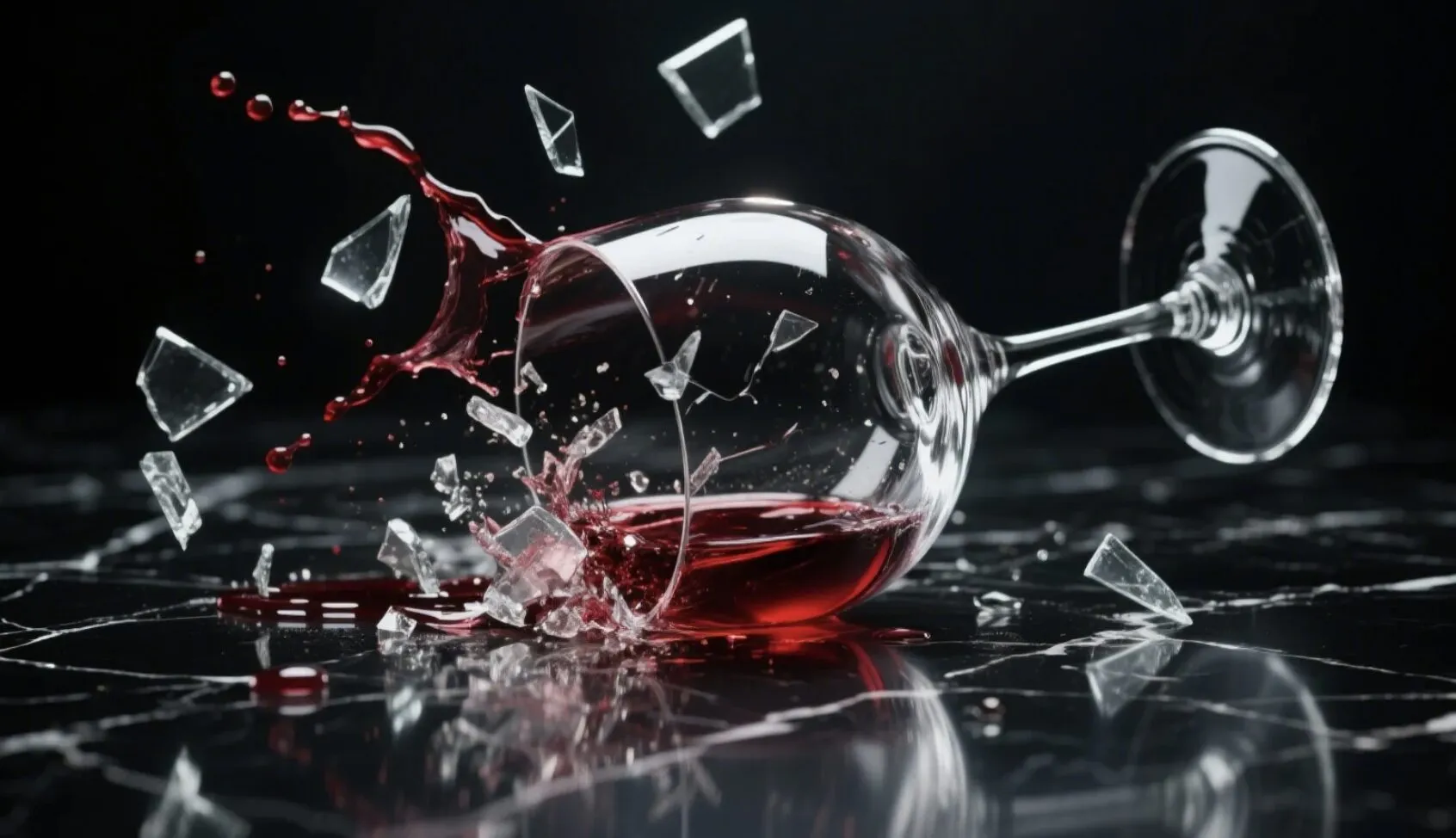 A wine glass shattering on a dark reflective surface, shards and red wine frozen mid-flight