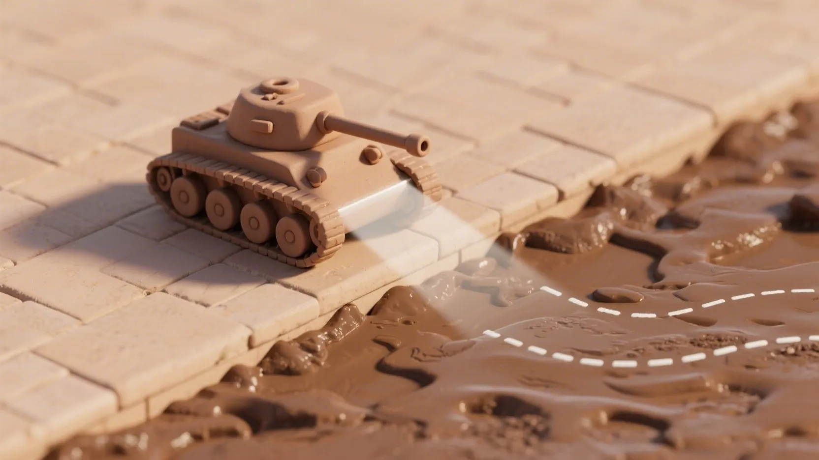 A model tank on a paved surface, one track dropping into mud at the edge so the vehicle slews off its dashed line, as an analogy for refraction