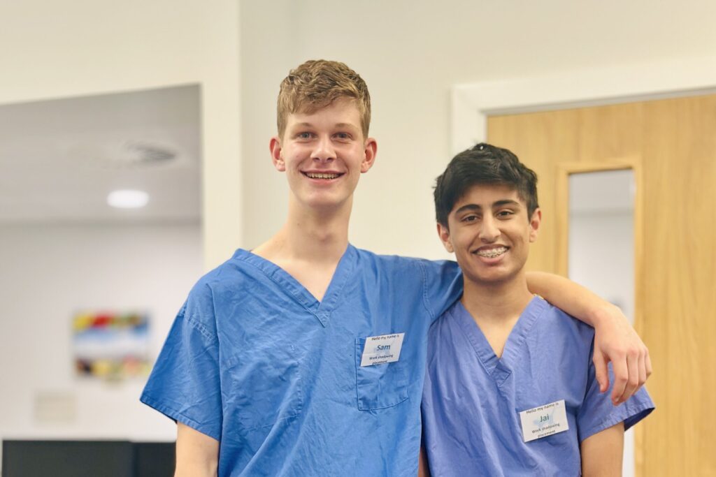 Samuel Korenberg in scrubs during NHS work experience